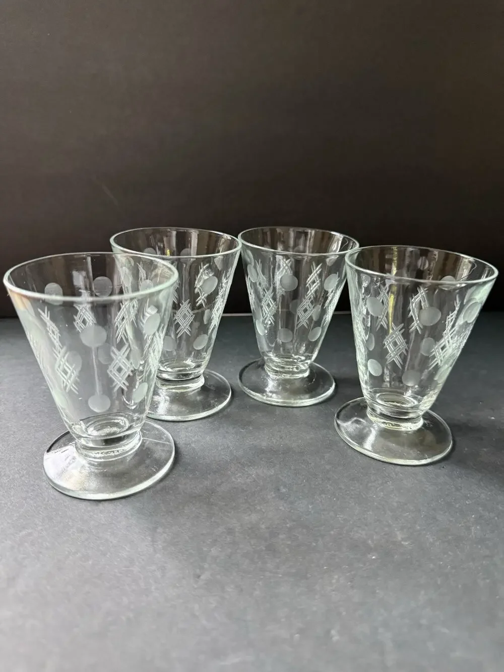 Vintage Glass Criss Cross And Punties Design Juice Glasses Set (4) MCM Atomic